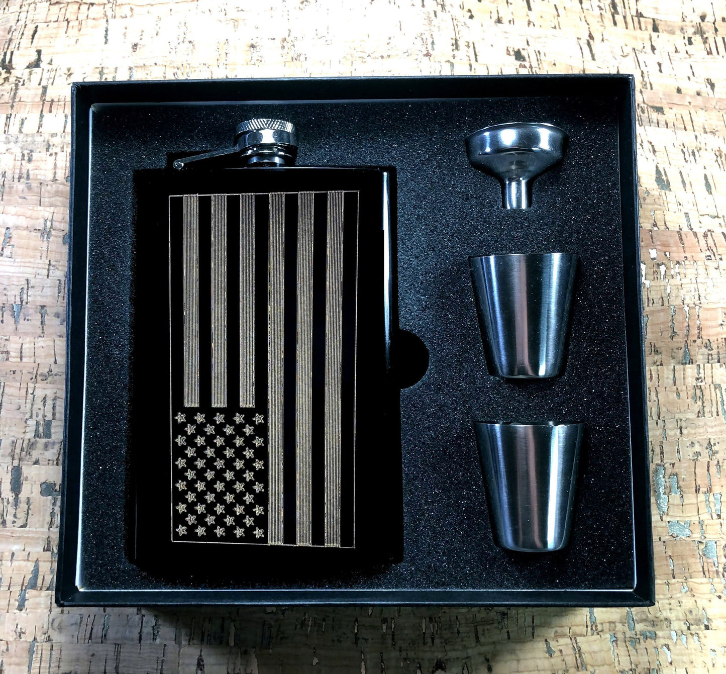 Custom Engraved American Flag on Matte Black 8oz Premium Stainless Steel Flask