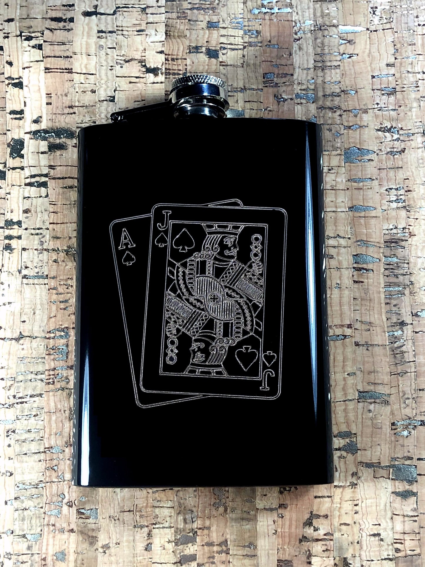 Custom Engraved Matte Black Blackjack Cards on 8oz Premium Stainless Steel Flask