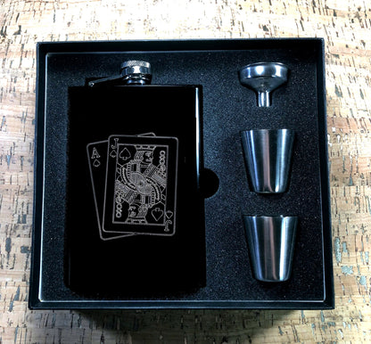 Custom Engraved Matte Black Blackjack Cards on 8oz Premium Stainless Steel Flask