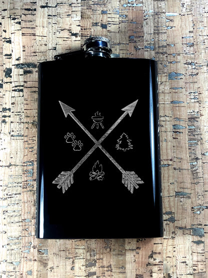 Custom Engraved Arrows with Camping Elements on Matte Black 8oz Premium Stainless Steel Flask