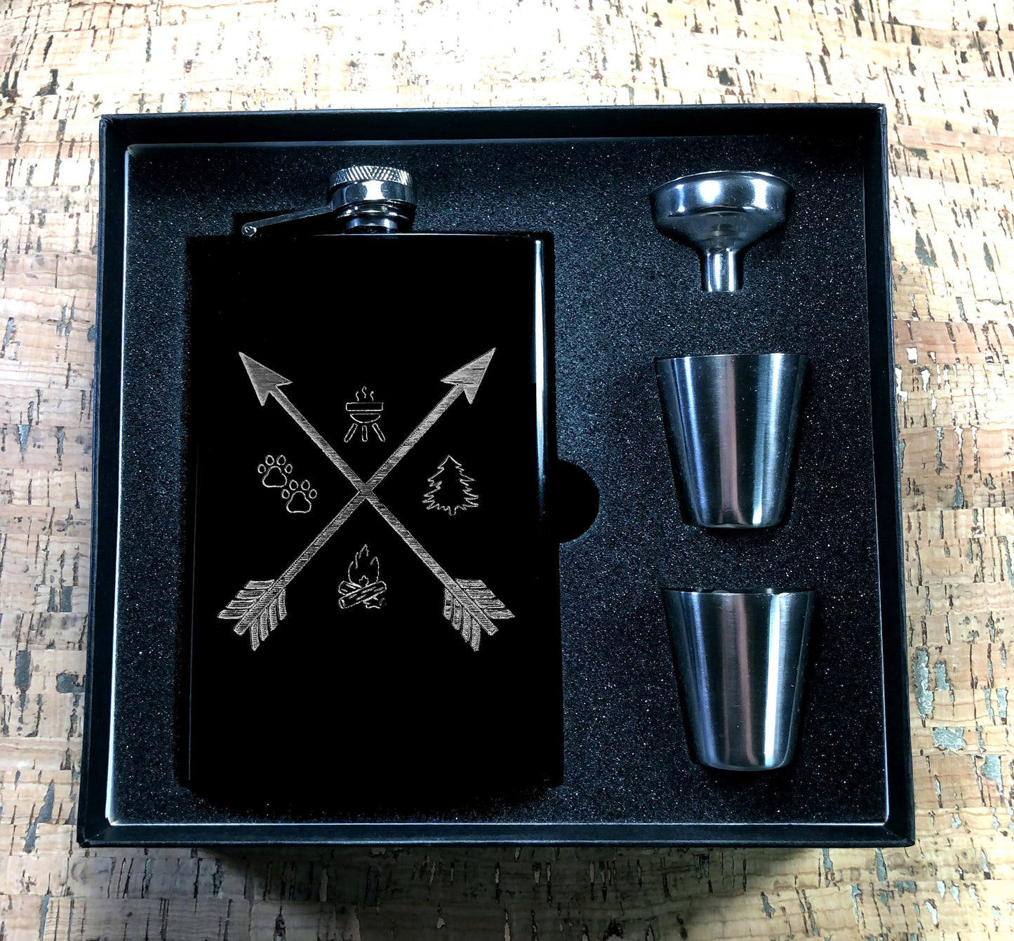 Custom Engraved Arrows with Camping Elements on Matte Black 8oz Premium Stainless Steel Flask