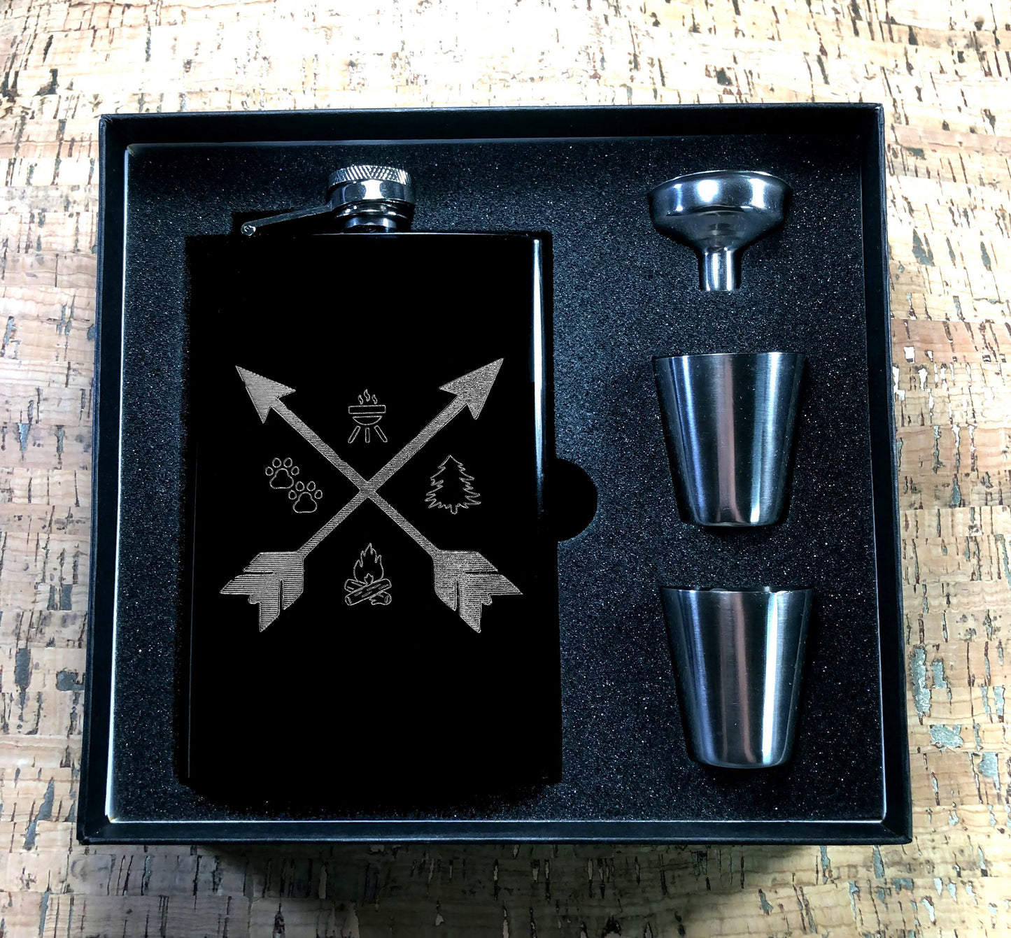 Custom Engraved Arrows with Camping Elements on Matte Black 8oz Premium Stainless Steel Flask