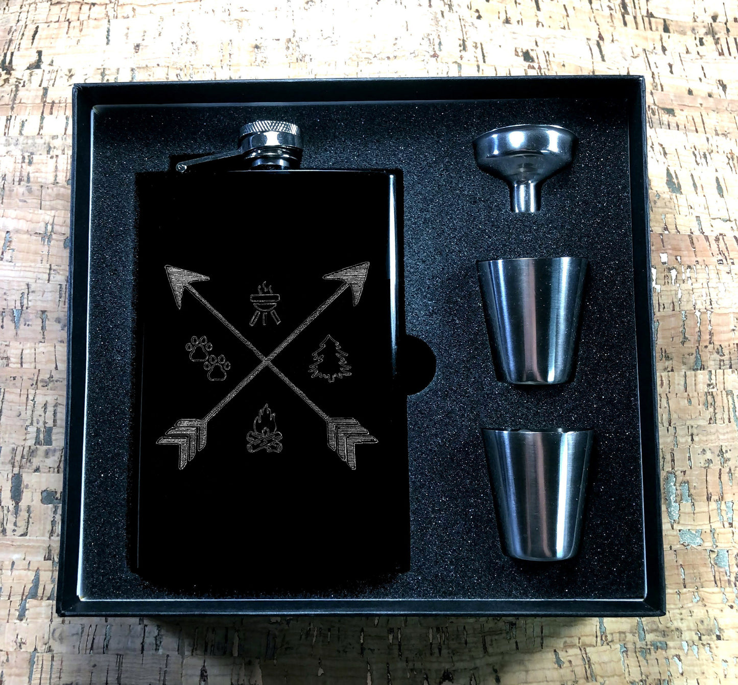 Custom Engraved Arrows with Camping Elements on Matte Black 8oz Premium Stainless Steel Flask