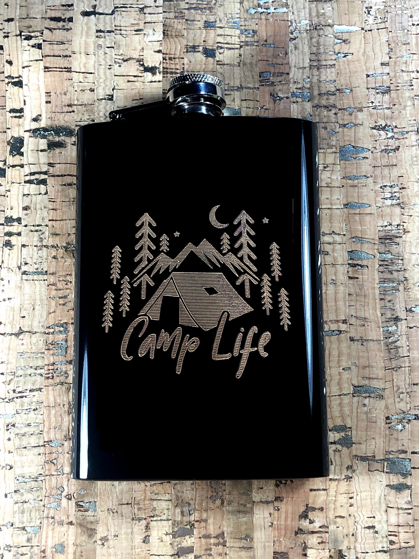 Custom Engraved Camp Life on Matte Black 8oz Premium Stainless Steel Flask