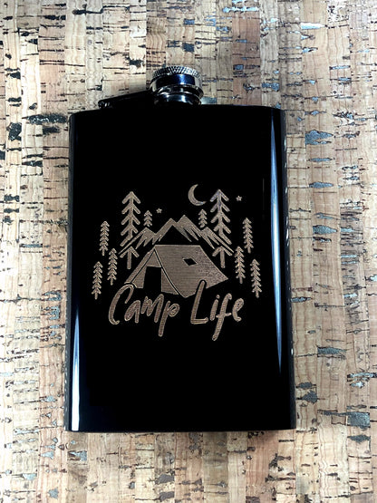 Custom Engraved Camp Life on Matte Black 8oz Premium Stainless Steel Flask