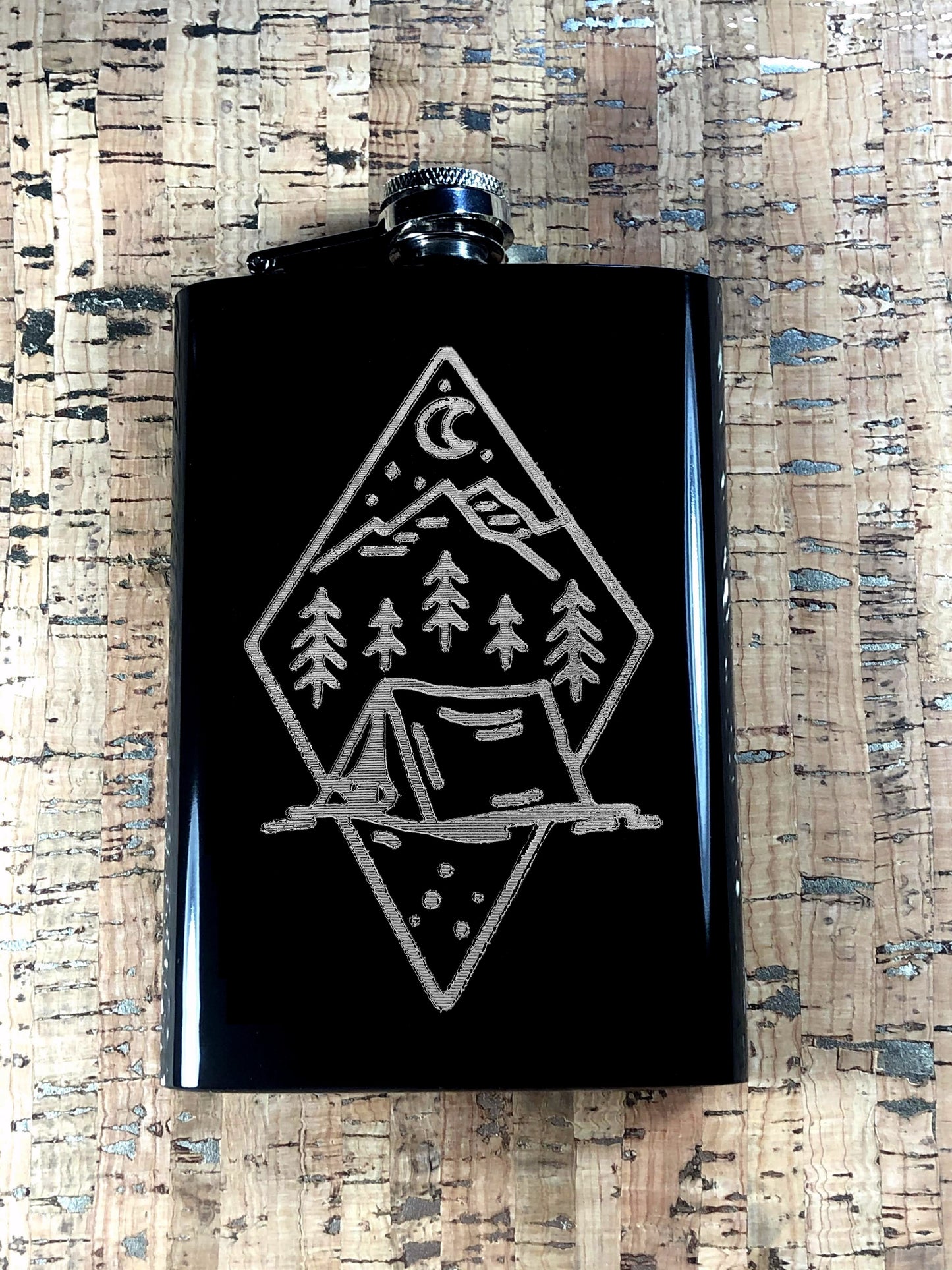 Custom Engraved Camping Tent Flask on Matte Black 8oz Premium Stainless Steel Flask