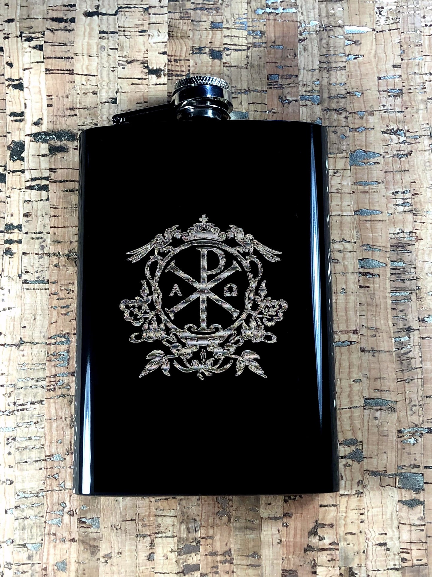 Custom Engraved Matte Black Chi Rho on 8oz Premium Stainless Steel Flask