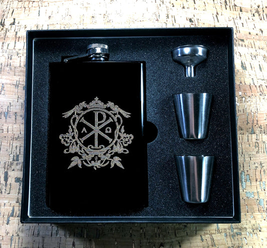 Custom Engraved Matte Black Chi Rho on 8oz Premium Stainless Steel Flask