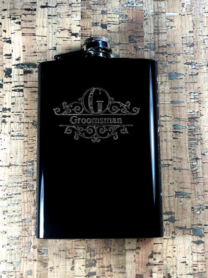 Custom Engraved Groomsman Flask on Matte Black 8oz Premium Stainless Steel Flask