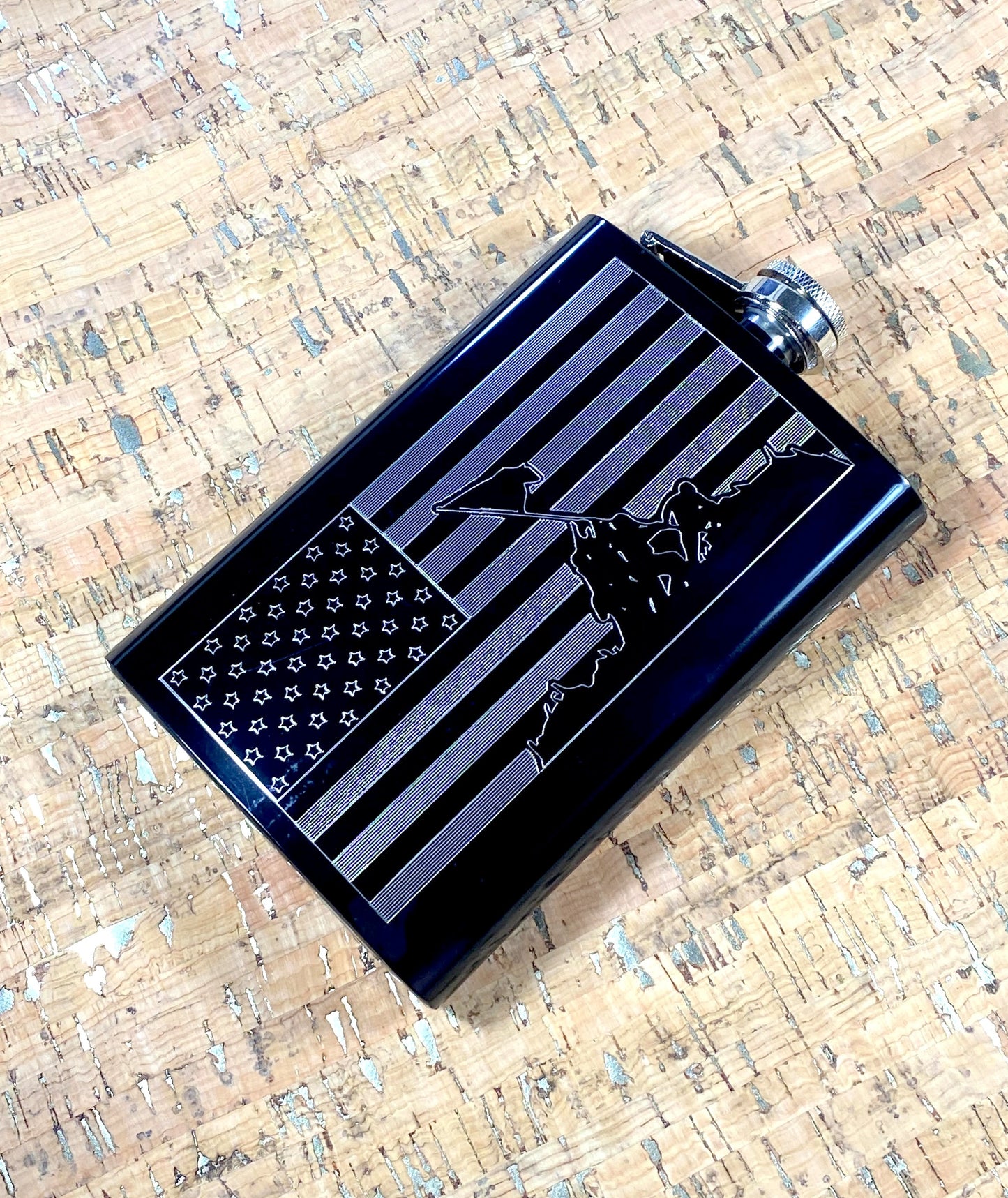 Custom Engraved Iwo Jima American Flag on Matte Black 8oz Premium Stainless Steel Flask