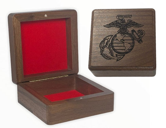 Made in the USA - US Marines Military Dog Tag Display Box with Optional Custom Engraved Plaque for Inside Lid (3 1/2" Square)