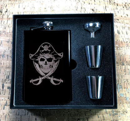 Custom Engraved Matte Black Pirate Skull on 8oz Premium Stainless Steel Flask