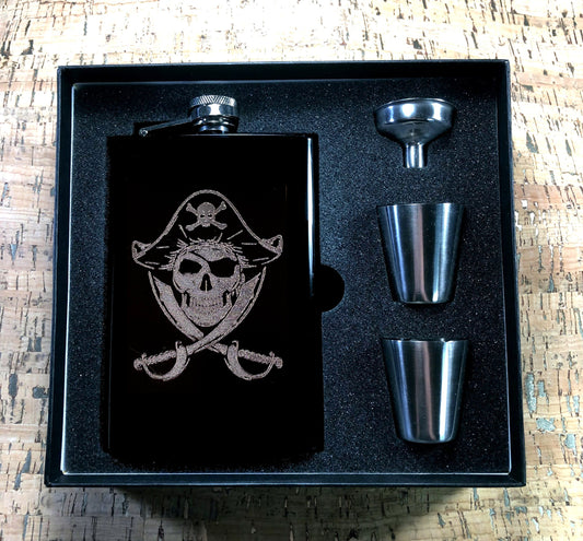 Custom Engraved Matte Black Pirate Skull on 8oz Premium Stainless Steel Flask