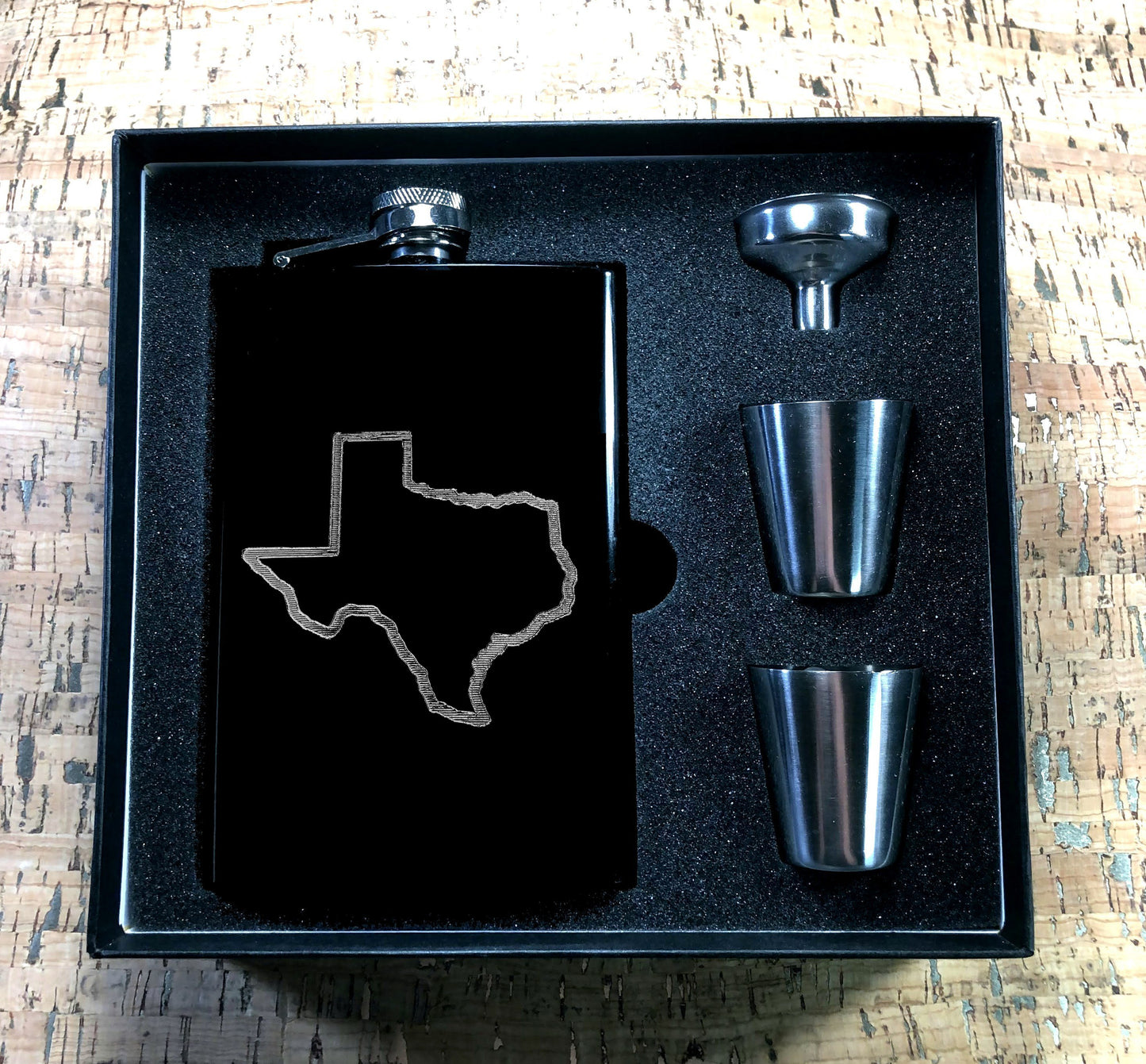 Custom Engraved State of Texas on Matte Black 8oz Premium Stainless Steel Flask