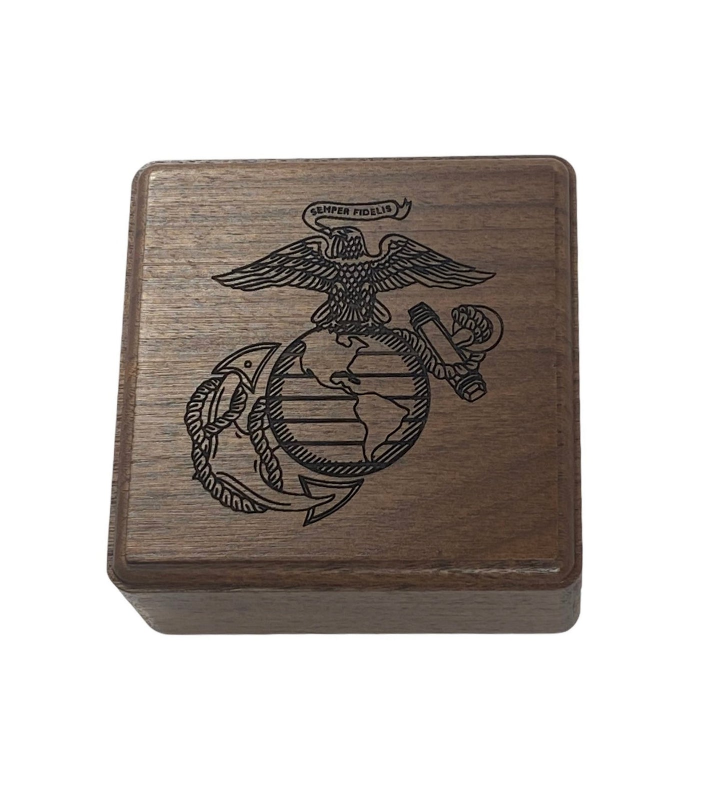 Made in the USA - US Marines Military Dog Tag Display Box with Optional Custom Engraved Plaque for Inside Lid (3 1/2" Square)