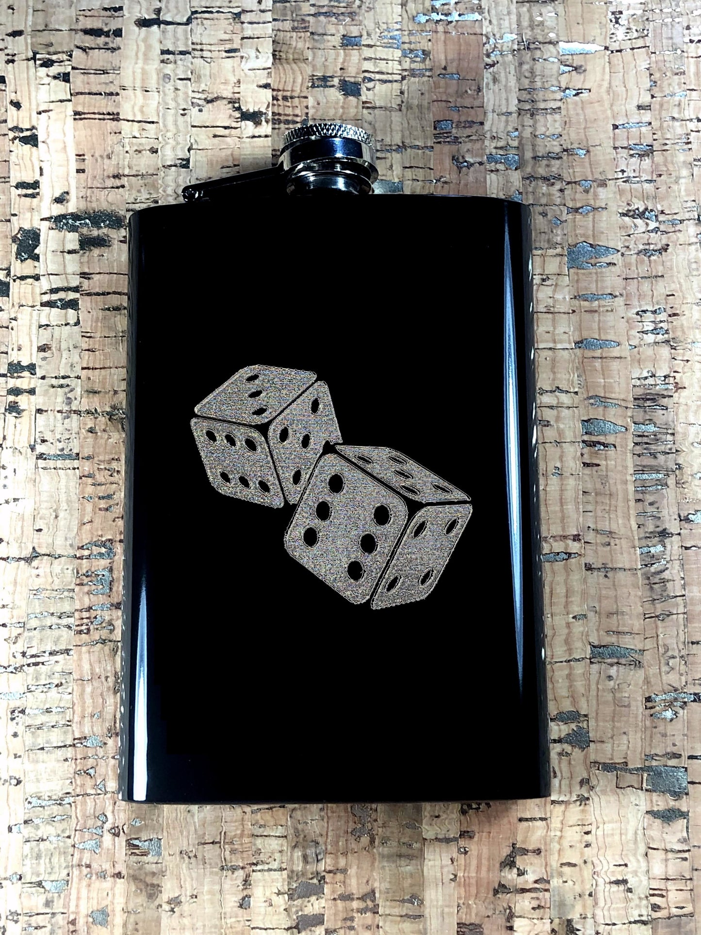 Custom Engraved Matte Black Vegas Roulette Craps Dice on 8oz Premium Stainless Steel Flask