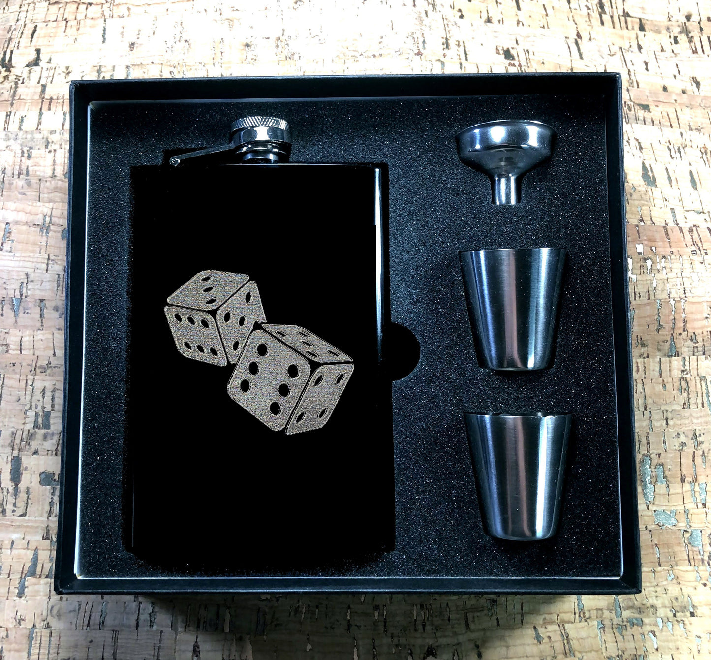 Custom Engraved Matte Black Vegas Roulette Craps Dice on 8oz Premium Stainless Steel Flask