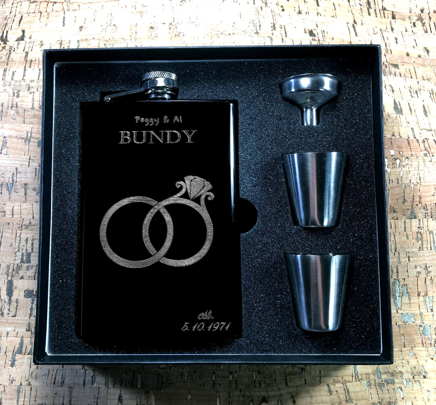 Custom Engraved Wedding Favor Flask on Matte Black 8oz Premium Stainless Steel Flask