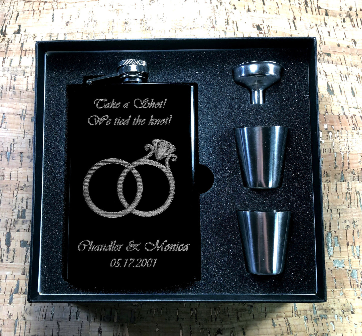 Custom Engraved Wedding Favor Flask on Matte Black 8oz Premium Stainless Steel Flask