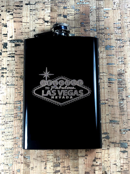 Custom Engraved Matte Black Welcome to Las Vegas Sign on 8oz Premium Stainless Steel Flask