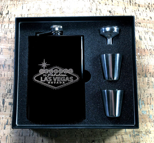 Custom Engraved Matte Black Welcome to Las Vegas Sign on 8oz Premium Stainless Steel Flask