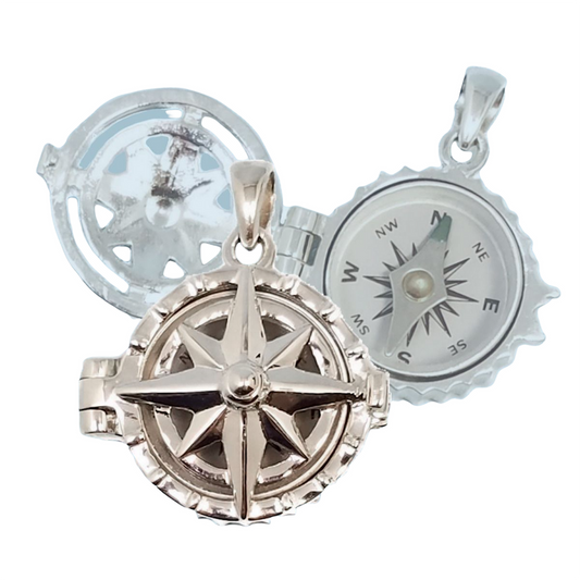 Sterling Silver Compass Rose Locket with Working Compass and Optional Custom Engraving